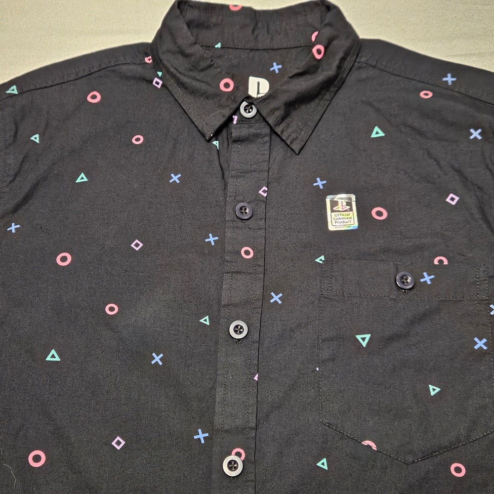 PlayStation Button Down Shirt Mens Small Black Pastel Controller Symbols Cotton